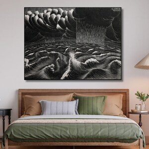 May include: A framed black and white artwork showing a turbulent sea under a stormy sky. The artwork hangs above a bed with green bedding and decorative pillows. A lamp and side table are also visible in the room.