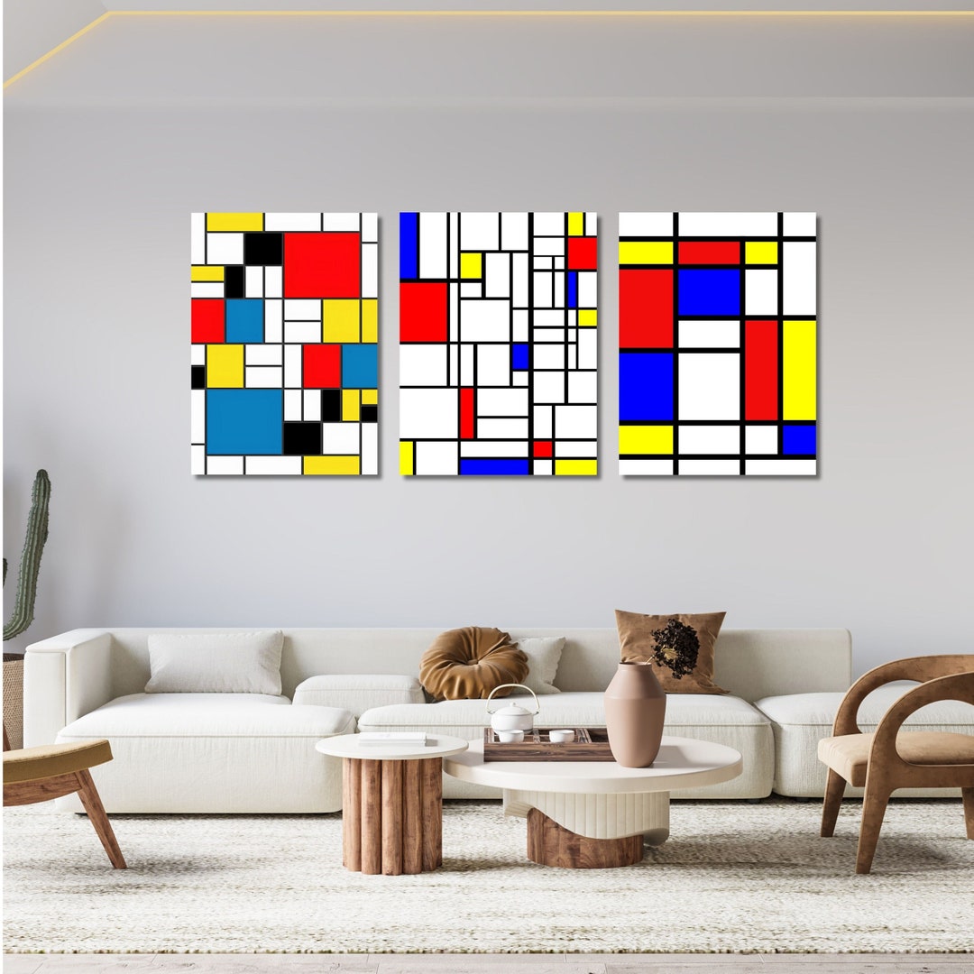 Set of 3 Piet Mondrian Canvas Wall Art Geometric Minimalist Abstract ...