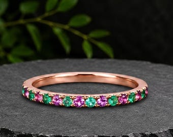 14k Gold Amethyst Emerald Ring Green Emerald Half Eternity Dainty Amethyst Ring May Birthstone Ring Stacking Ring Anniversary Gift Customize