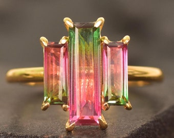 Watermelon tourmaline ring, Baguette engagement ring, Pink green three stone ring, Rose gold ring, Bridal Ring, Art Deco Anniversary Ring