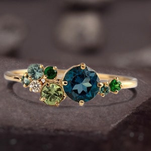 Blue Topaz Sapphire & Diamond Cluster Ring her, Multi Sapphire Engagement Ring, Mixed Stone Cluster Ring, Teal Sapphire Bridal Wedding Ring