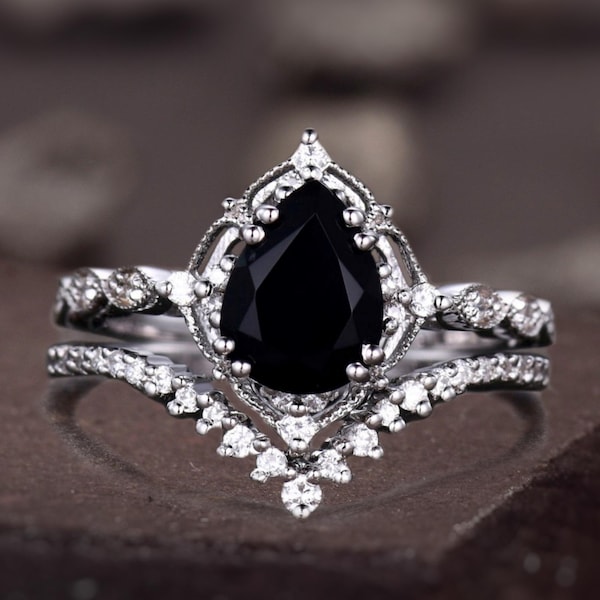 Vintage black onyx engagement ring sterling silver ring art deco curved stacking band pear shaped bridal set unique moissanite wedding set