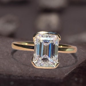 Handmade Emerald Cut Moissanite Ring: Hidden Halo, Sterling Silver Art Deco Ring