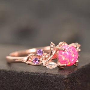 Pink Opal Engagement Ring: Rose Gold Leaf, Moonstone Amethyst, Nature Inspired