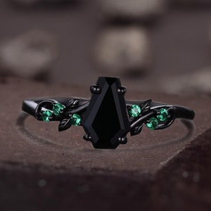 Coffin cut black onyx engagement ring Black gold ring Art deco leaf design emerald wedding ring nature inspired ring bridal promise ring