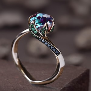 Handmade Alexandrite Engagement Ring: 925 Sterling Silver Art Deco Ring