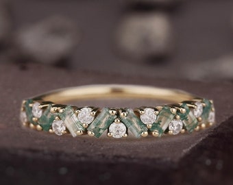 Unique Moss Agate Ring Moss agate Wedding Band Gold Rings Art Deco Eternity Band Moss Agate Matching Rings Personalized Gift For Her