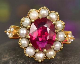 Natural Ruby And Pearl Engagement Ring, Vintage Yellow Gold Floral Bridal Ring Unique Pearls Cluster Ring Art Deco Wedding Ring Promise Ring