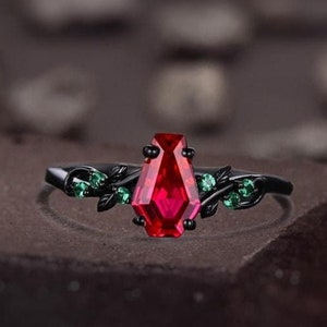 Coffin cut Red Ruby engagement ring Black gold ring Art deco leaf design emerald wedding ring nature inspired ring bridal promise ring