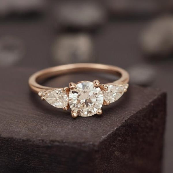 Three Stone Moissanite Engagement Ring, Round Cut Diamond Wedding Ring, 14K Yellow Gold Pear Shaped Side Stone Ring, Promise Ring for Her