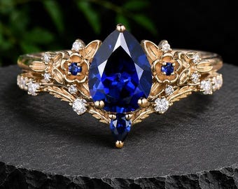 Vintage pear blue sapphire engagement ring solid 14k yellow gold twig leaf floral unique cluster diamond bridal wedding ring set women gift