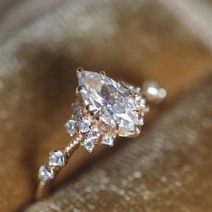 Marquise Cut Moissanite Engagement Ring: Art Deco Sterling Silver Promise Ring