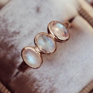 Oval Blue Moonstone Ring: 14K Rose Gold Art Deco Engagement Ring