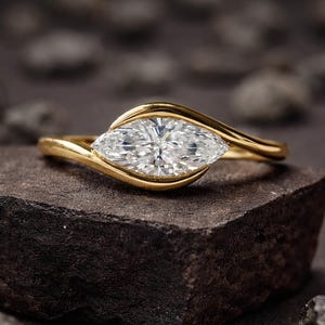Anillo de compromiso marquesa, solitario de moissanita de corte marquesa estilo vintage, anillo de moissanita bypass, anillo de compromiso nupcial en oro amarillo de 14 quilates.