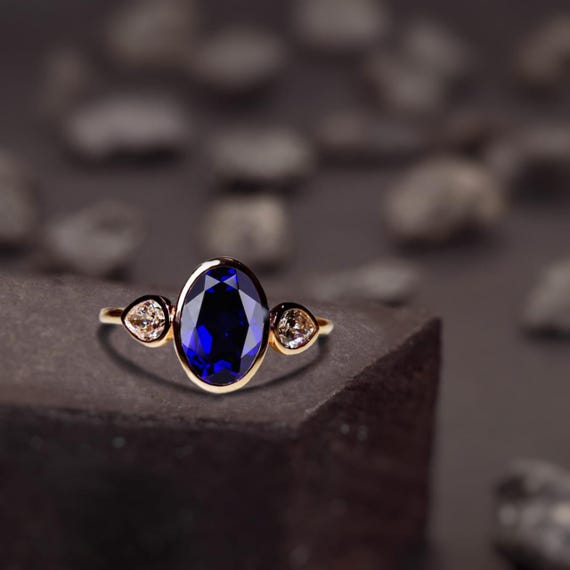 Vintage Blue Sapphire Engagement Ring, Oval Cut Blue Gemstone Promise Ring, September Birthstone, Diamond Bridal Personalized Gift For Women