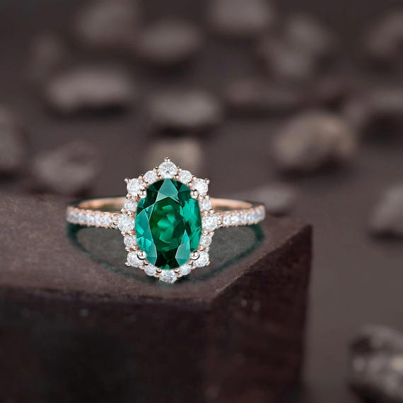 Oval Emerald Engagement Ring: Art Deco Sterling Silver CZ Diamond Halo