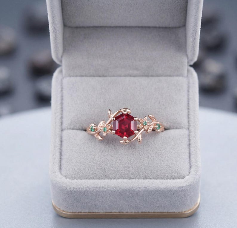 Vintage Hexagon Ruby Emerald Ring, Nature Inspired Leaf Design Ring ...