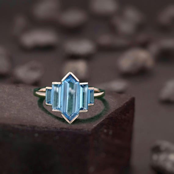 Hexagon cut Swiss Blue Topaz Ring Unique Rose Gold Engagement Ring Baguette cut Topaz Ring Vintage Bridal Wedding Anniversary Ring