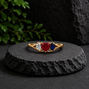 Timeless Ruby Heart Ring Sapphire and Diamond Ring Heirloom Quality Three Stone Ring Romantic Birthstone Jewelry Luxury Gift Modern Heirloom