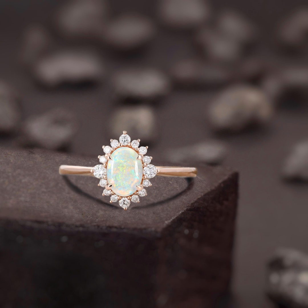 Vintage Lab Opal Engagement Ring, Rose Gold Oval Cut Ring, Diamond Moissanite Halo Wedding Ring, Art Deco Bridal Ring, Anniversary Ring Gift
