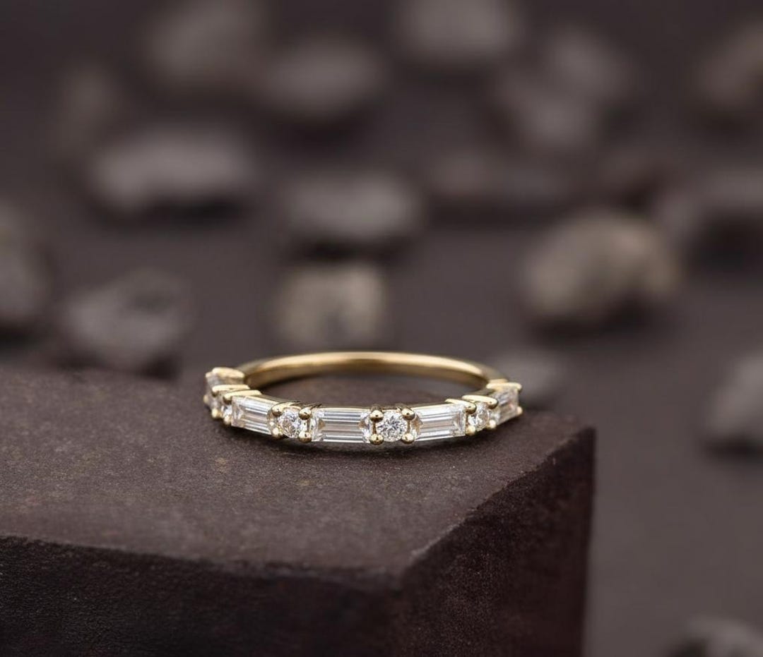 14K Gold Half Eternity Diamond Ring, Dainty Diamond Wedding Band ...