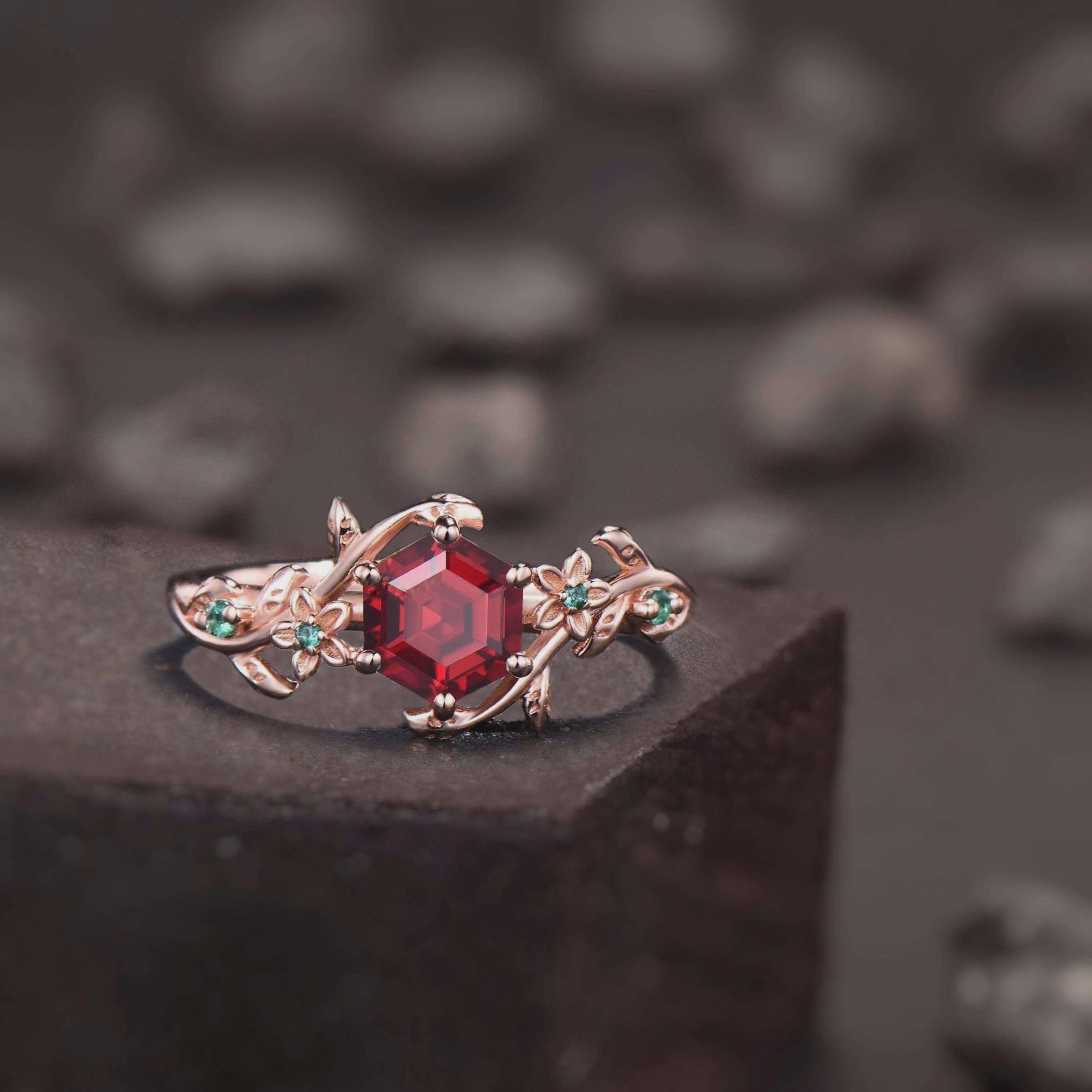 Vintage Hexagon Ruby Emerald Ring, Nature Inspired Leaf Design Ring ...