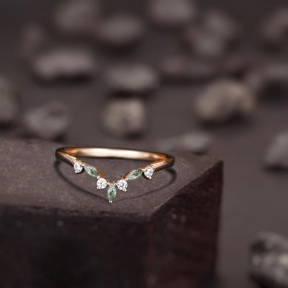 Moissanite Moss Agate Matching Band for Pear/Oval/Kite Cut Engagement Ring V Shape Chevron Ring Minimalist Curve Wedding Band Stacking Ring
