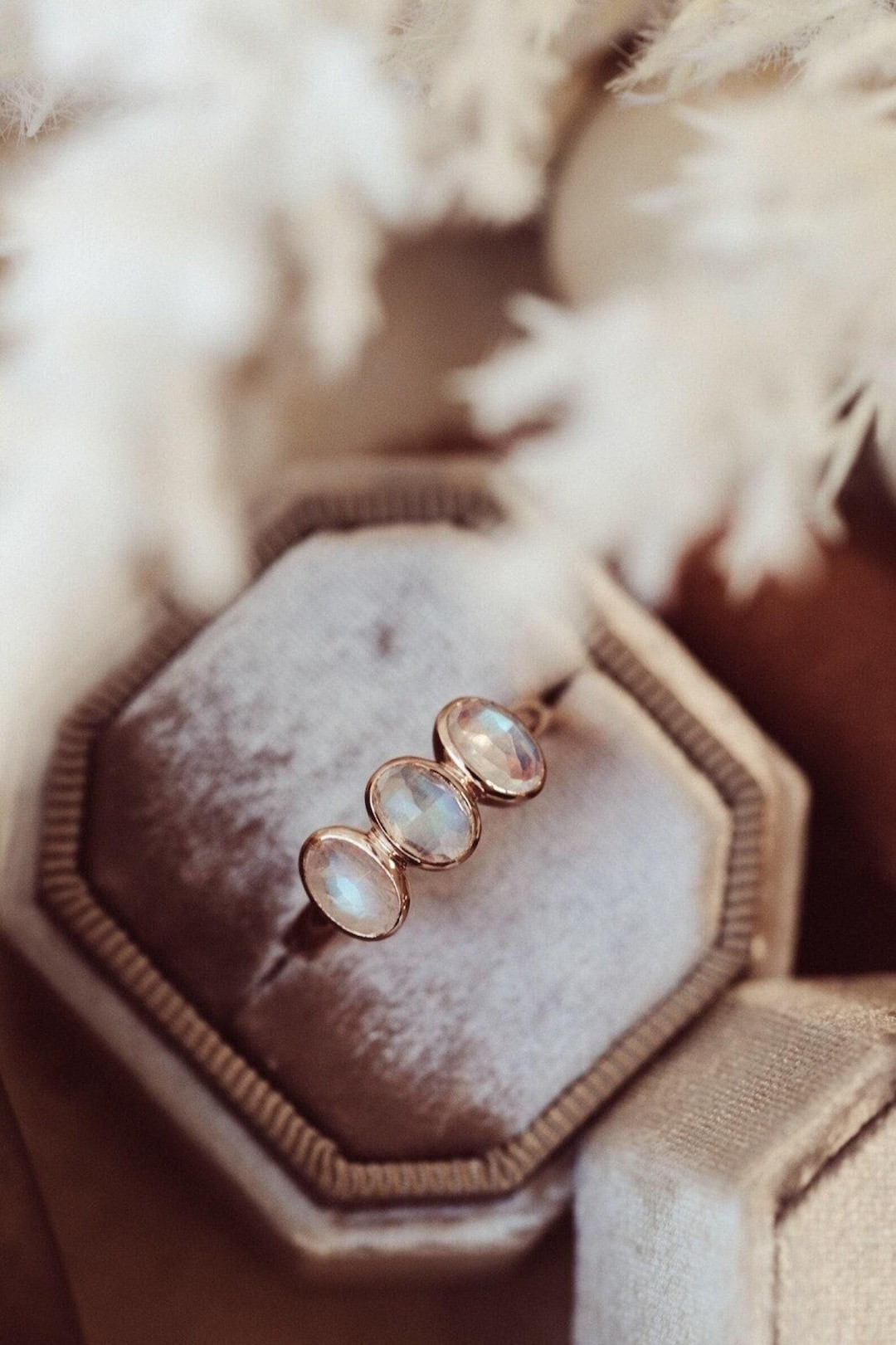 Oval Blue Moonstone Ring: 14K Rose Gold Art Deco Engagement Ring