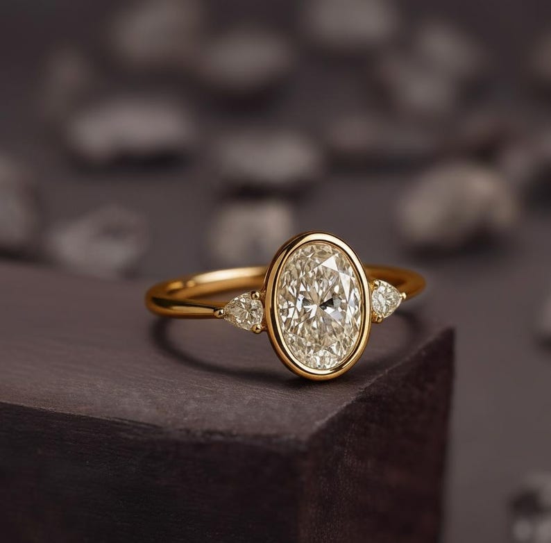 Oval Bezel Set Engagement Ring 3 CT Oval Cut Moissanite Ring 14K Gold ...