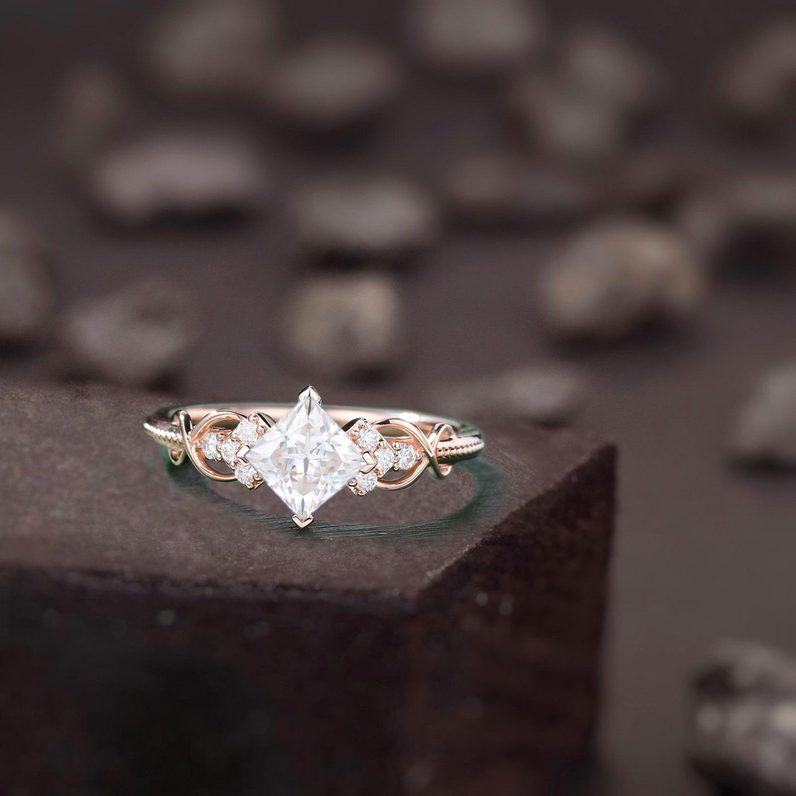 Princess cut Moissanite engagement ring Unique rose gold engagement ring dainty diamond bridal ring Twist ring promise ring anniversary gift