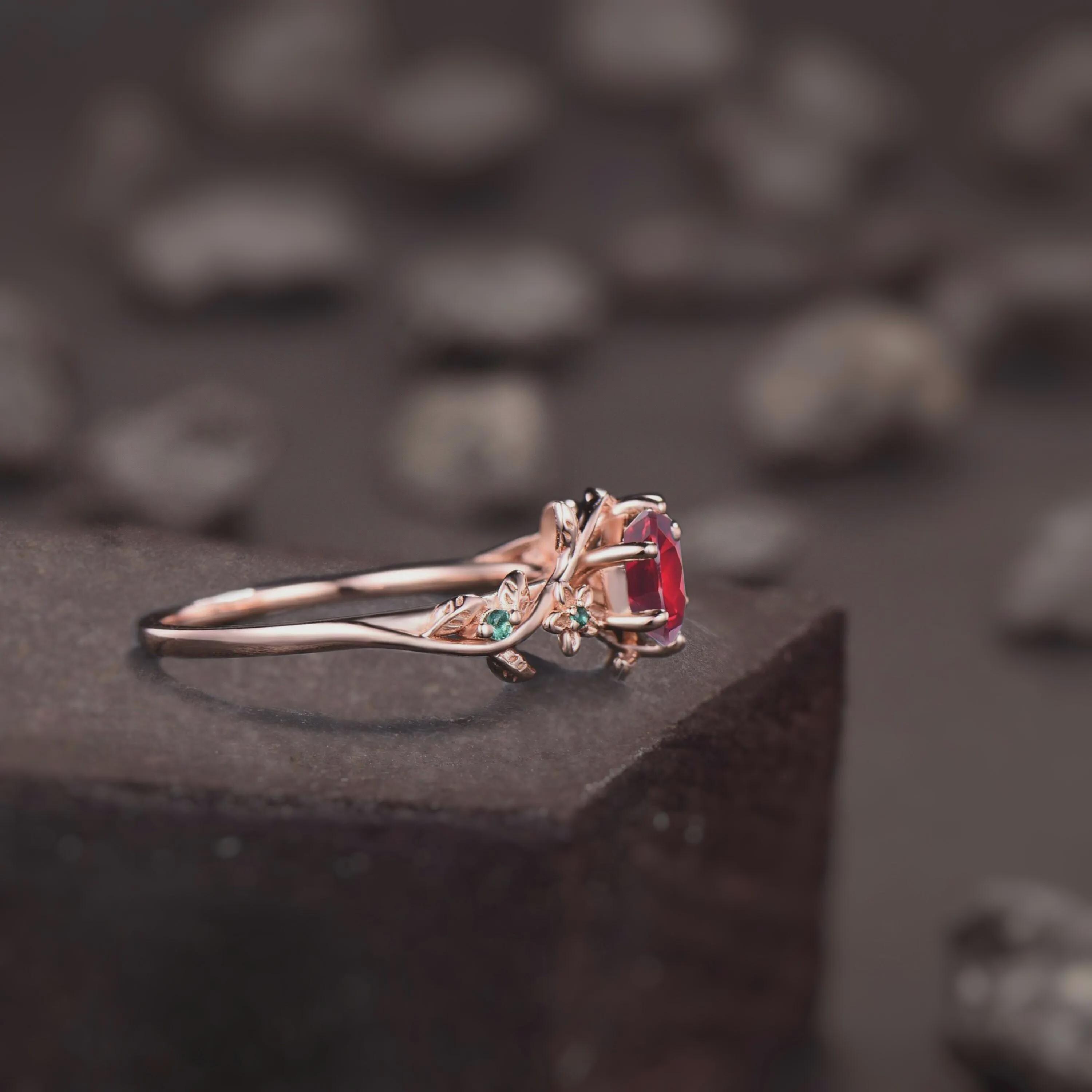 Vintage Hexagon Ruby Emerald Ring, Nature Inspired Leaf Design Ring ...