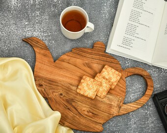 Kettle Shaped Handmade Wooden Cutting Board, Charcuterie Board, Serving Platter with Built-in Handle for Gifts Cheese Snack, Chopping Board