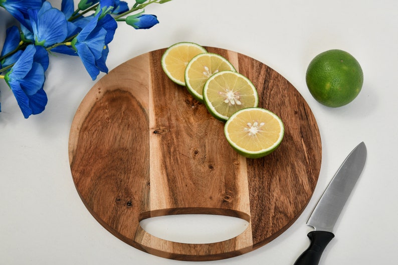 Wood Cutting Board for Kitchen, Round Cutting Board with Handle, Wooden Charcuterie Serving Platter for Cheese, Round Cutting Board image 6