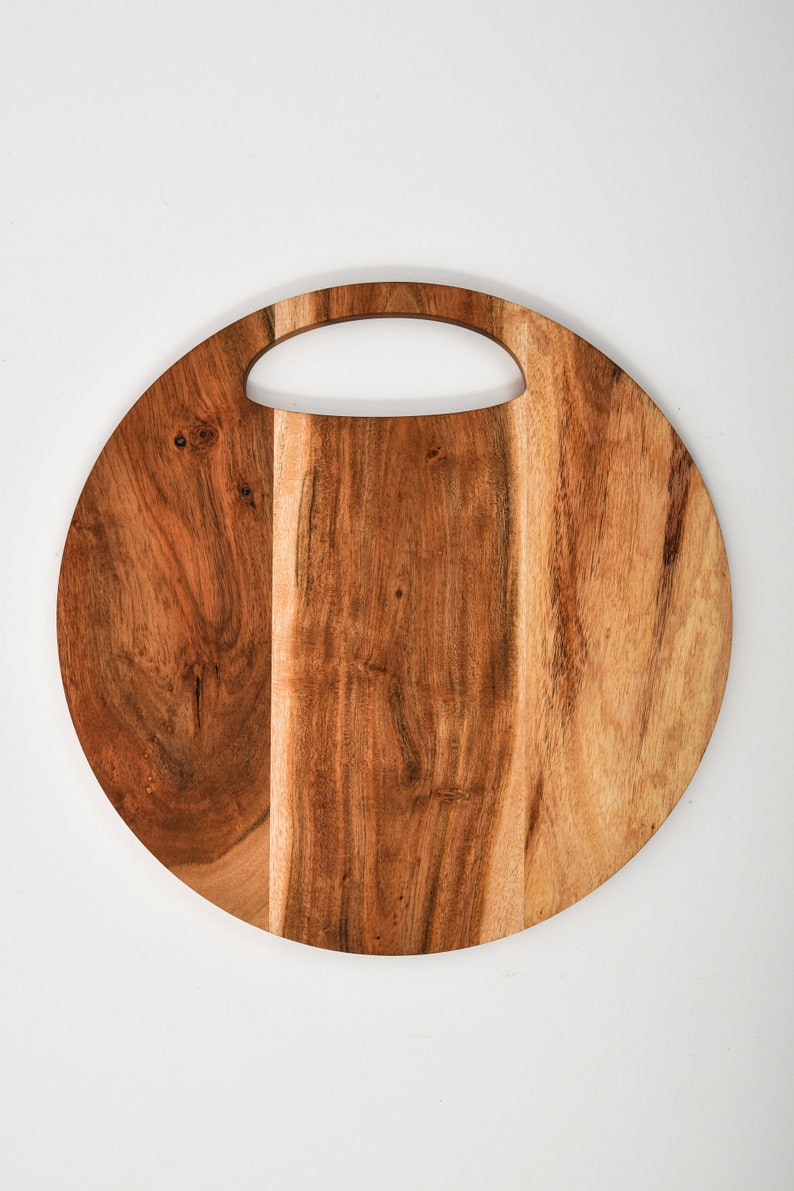 Wood Cutting Board for Kitchen, Round Cutting Board with Handle, Wooden Charcuterie Serving Platter for Cheese, Round Cutting Board image 1