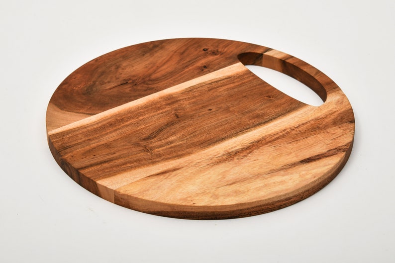 Wood Cutting Board for Kitchen, Round Cutting Board with Handle, Wooden Charcuterie Serving Platter for Cheese, Round Cutting Board image 2