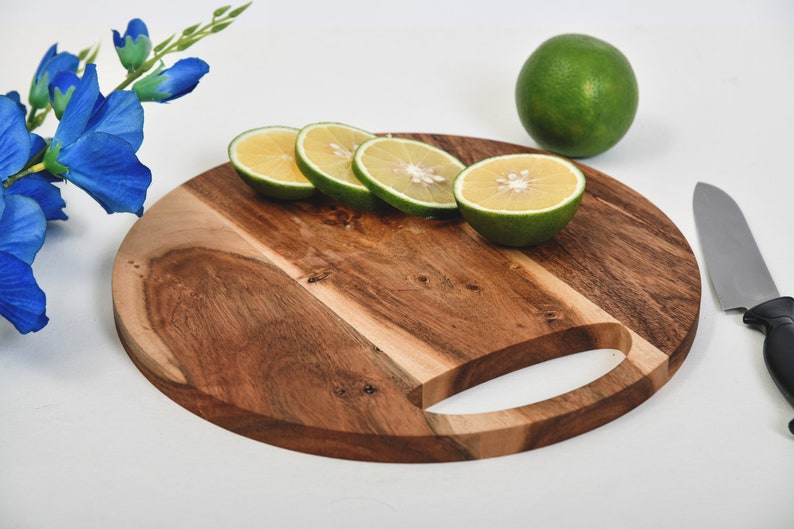 Wood Cutting Board for Kitchen, Round Cutting Board with Handle, Wooden Charcuterie Serving Platter for Cheese, Round Cutting Board image 7