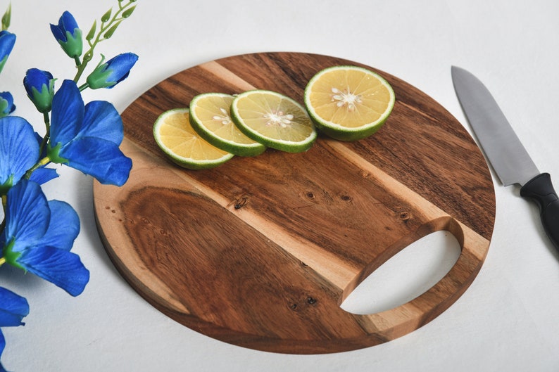 Wood Cutting Board for Kitchen, Round Cutting Board with Handle, Wooden Charcuterie Serving Platter for Cheese, Round Cutting Board image 4