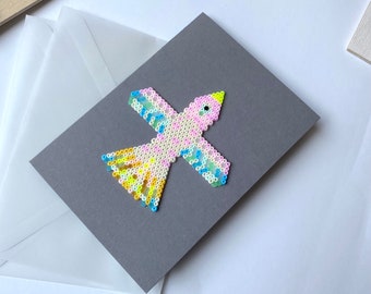 Carte postale oiseau avec perles thermocollantes, carte pliante DIN A6 gris foncé, avec enveloppe transparente, papier intercalaire, carte de vœux néon faite à la main