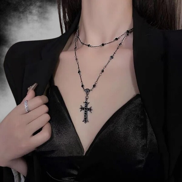 Dark Gothic Cross Beaded Multi-layer Sweater Necklace