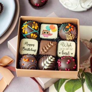 Happy birthday Party idea, Box of handmade chocolates, Birthday Gift basket, Artisanal luxury chocolate truffles and pralines, Gift for mom