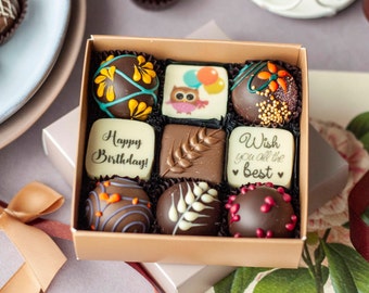 Happy birthday Party idea, Box of handmade chocolates, Birthday Gift basket, Artisanal luxury chocolate truffles and pralines, Gift for mom