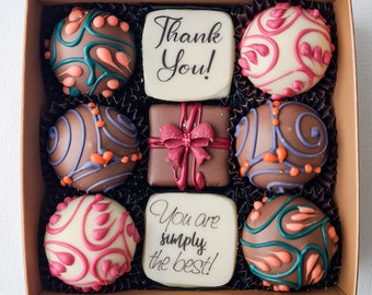 Box of handmade chocolates Present with personalization Custom made chocolate candy Thank you gift idea Delicious artisan chocolate gift