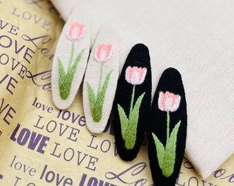 Handmade Tulip Embroidered Hair Clips, Snap Clip, Hair Barrettes, Oval Hair Clips, Cute Hair Clip, Bridesmaid Gift, Embroidered Hair Clip