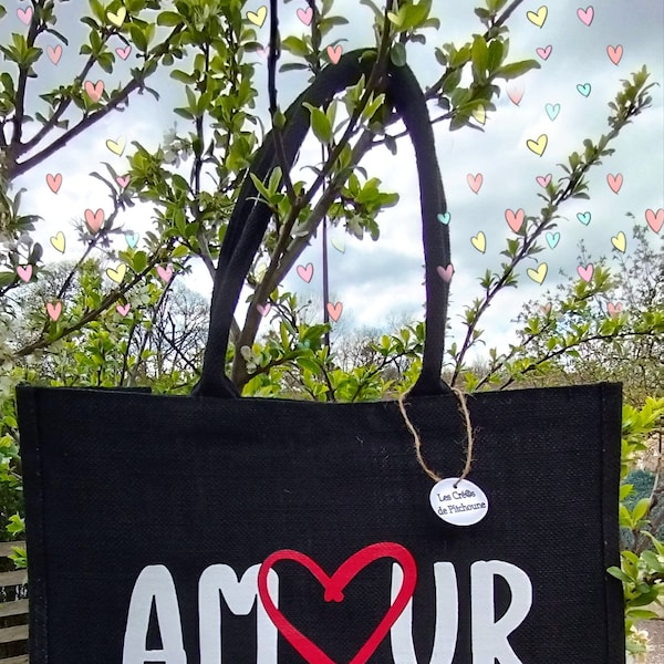 Sac cabas en toile de jute noir AMOUR