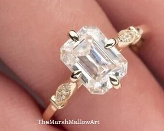 9X7 MM Emerald Cut Lab Created CZ Diamond Ring / Antique Vintage Gold Plated Engagement Ring / Sterling Silver Cubic Zirconia Ring For Her