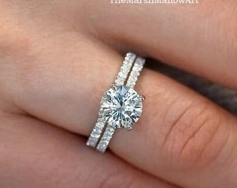 2CT Round Lab Diamond Solitaire Wedding Ring Set /Round Diamond Ring With One Matching Band / 4 Prong Micro Pave Setting Ring/ Promise Ring