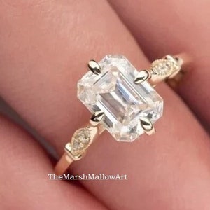 9X7 MM Emerald Cut Lab Created CZ Diamond Ring / Antique Vintage Gold Plated Engagement Ring / Sterling Silver Cubic Zirconia Ring For Her