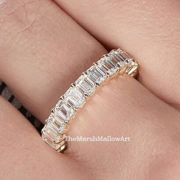5x3MM Emerald Cut Full Eternity Engagement Band / 14K Yellow Gold Plated Proposal Band For Her / Lab Created CZ Diamond Wedding Ladies Band