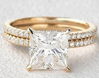 3.5CT Princess Cut Lab Diamant Ehering Set / 14K Gelb Gold plattiert Voll Etnrnity Matching Band / Versteckter Halo Braut Set / Versprechen Ring