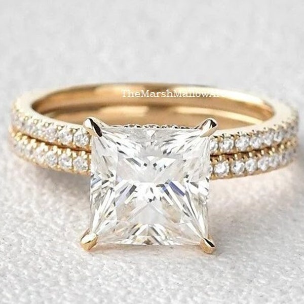 3.5CT Princess Cut Lab Diamond Wedding Ring Set / 14K Yellow Gold Plated Full Etnrnity Matching Band / Hidden Halo Bridal Set / Promise Ring